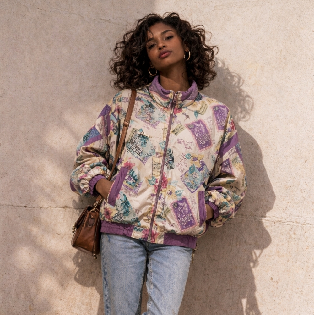 Vintage Patchwork Silk Bomber Jacket Windbreak Oversized Fall Grandpacore Retro